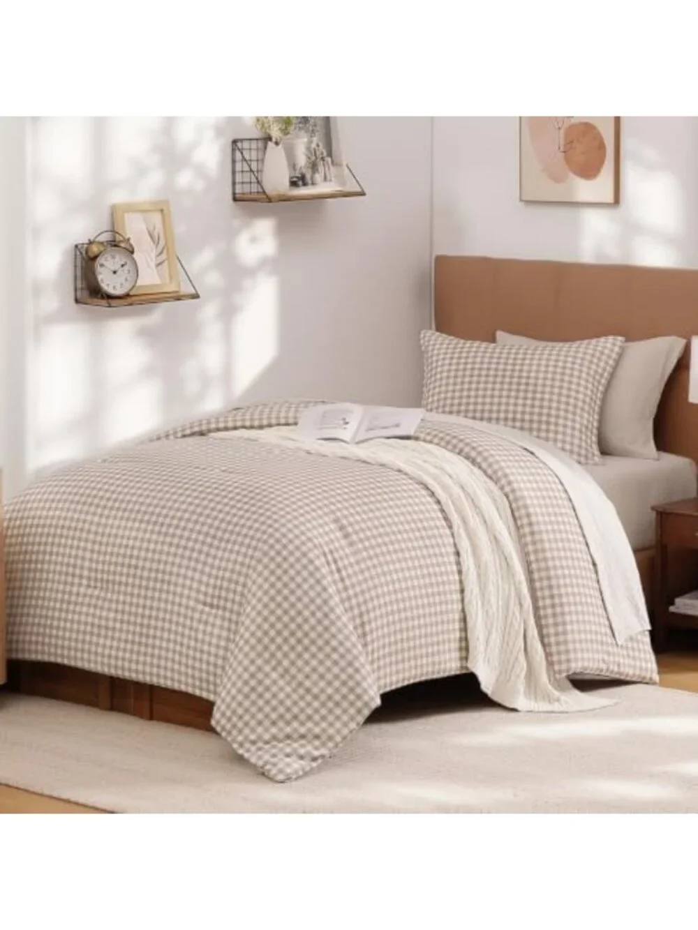Cozy Tan Gingham Twin Comforter Set | Brown Checkered Plaid Bedding Decor